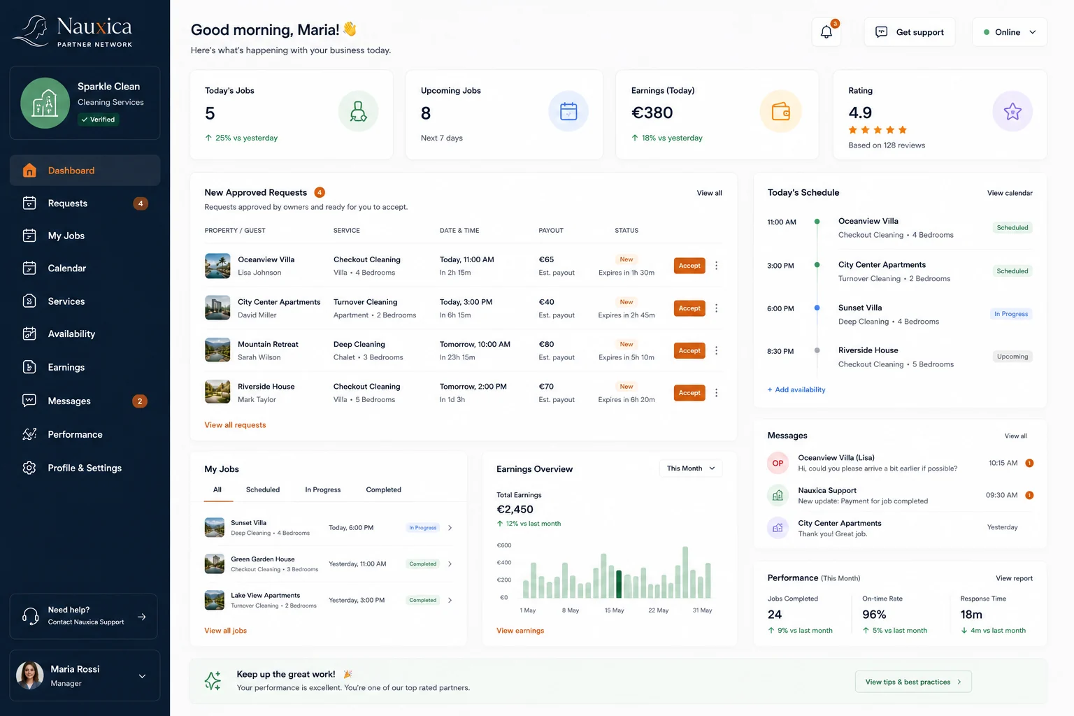 Cleaning partner dashboard in Nauxica