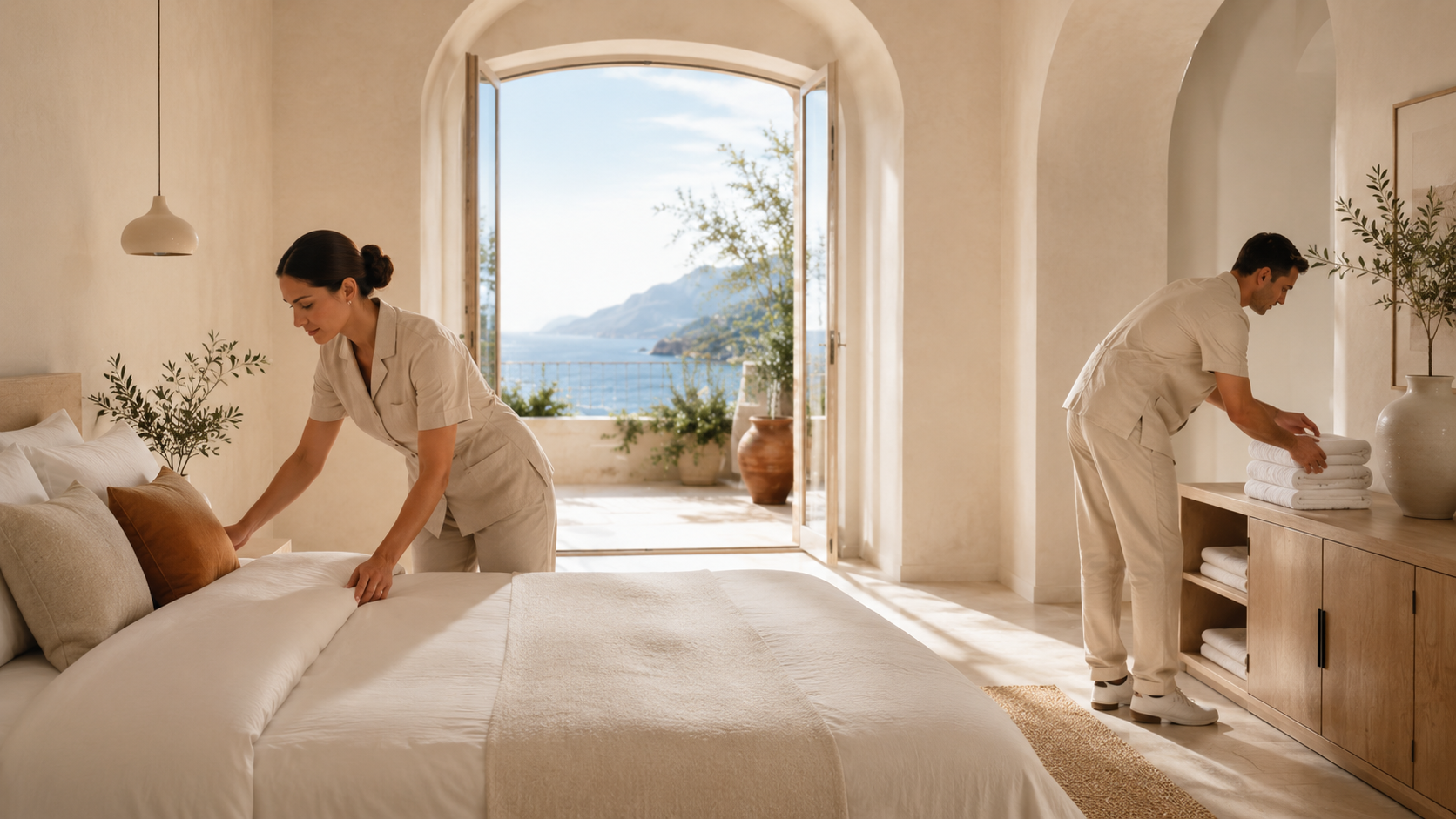 Professional cleaning service preparing a Mediterranean holiday rental room