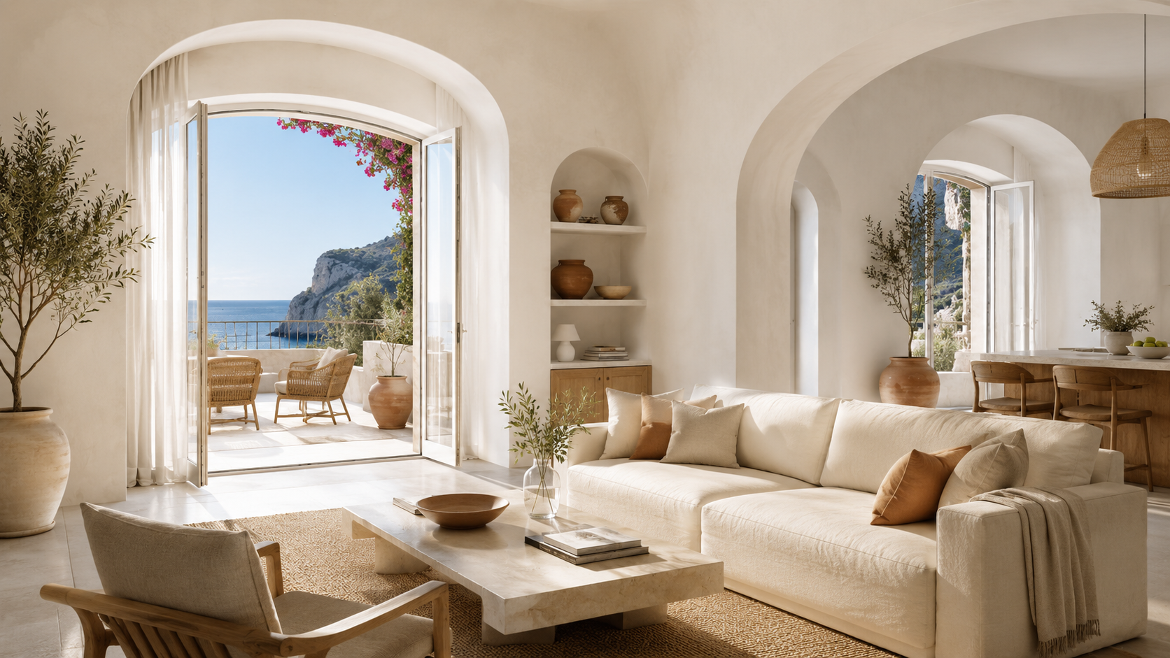 Elegant Mediterranean living room prepared for short term rental guests