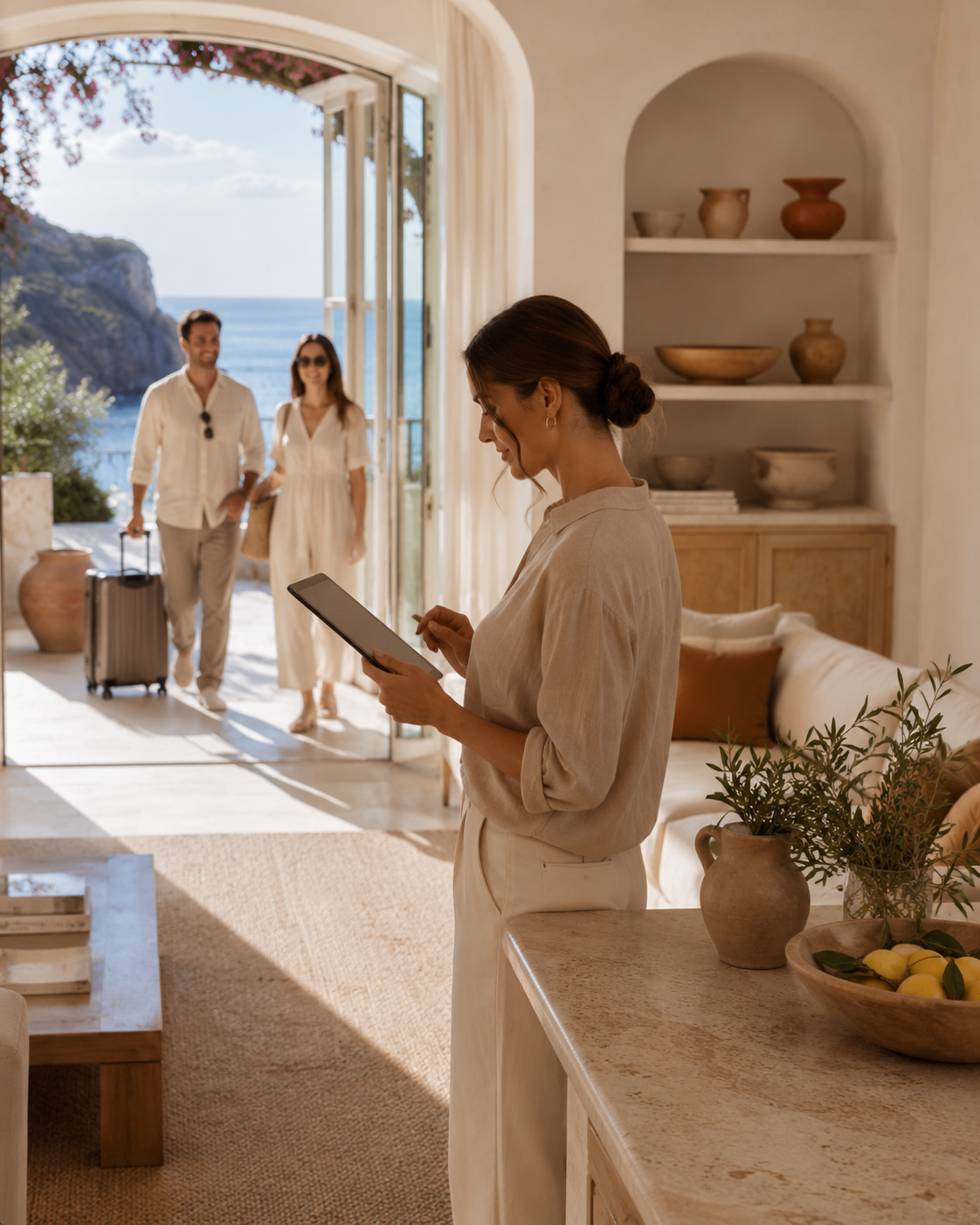 Elegant hospitality operations scene representing connected guest support and property management